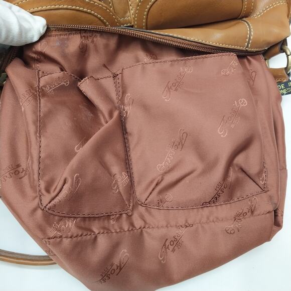 Fossil Brown Leather Front Pockets Zipper Closure Hobo Shoulder Bag - Picture 15 of 16